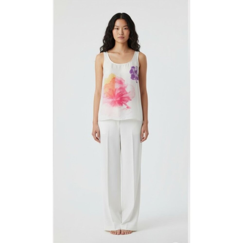 New York & Company 100% Silk Watercolor Floral Print Tank Top Ivory XS